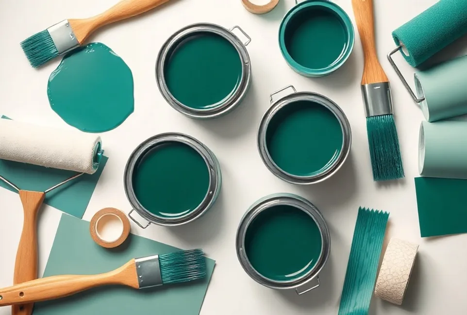 Pots de peinture, nuancier, brosses et rouleaux disposés à plat