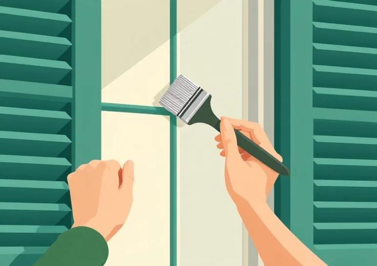 Mise en peinture au pinceau de volets et d'encadrements en bois