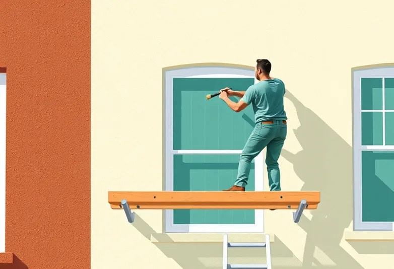 Peintre sur échafaudage traitant la façade d'une maison