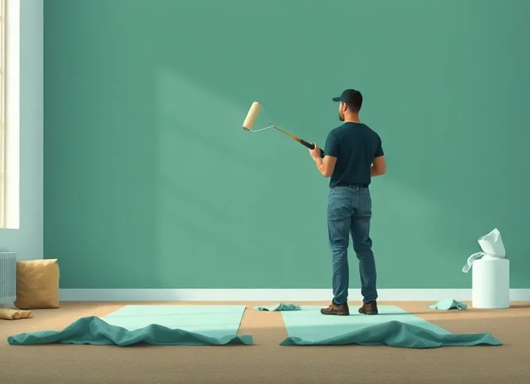 Peintre appliquant la peinture au rouleau sur un mur de salon